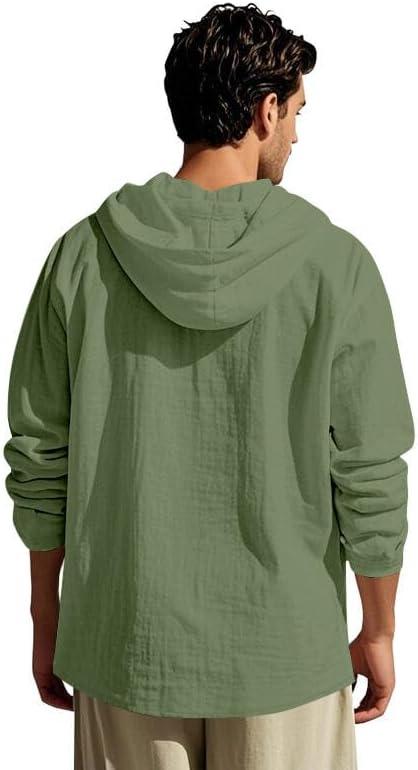 imageMens Linen Hoodie Lightweight Hawaiian Shirt Casual Beach Shirt with PocketsArmy Green