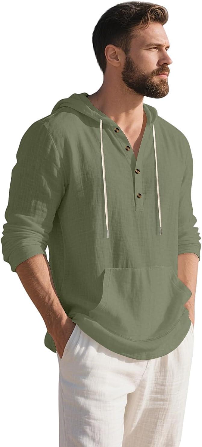 imageMens Linen Hoodie Lightweight Hawaiian Shirt Casual Beach Shirt with PocketsArmy Green