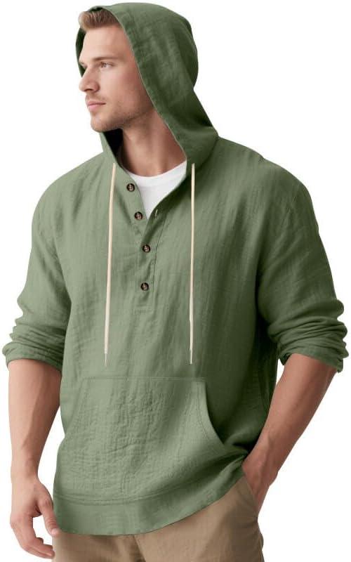 imageMens Linen Hoodie Lightweight Hawaiian Shirt Casual Beach Shirt with PocketsArmy Green