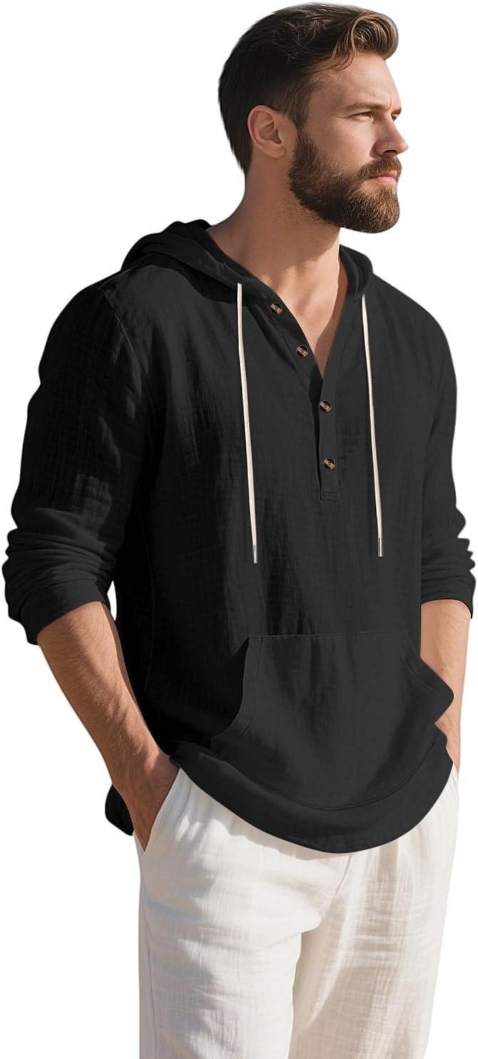imageMens Linen Hoodie Lightweight Hawaiian Shirt Casual Beach Shirt with PocketsBlack