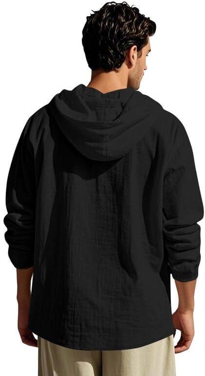 imageMens Linen Hoodie Lightweight Hawaiian Shirt Casual Beach Shirt with PocketsBlack