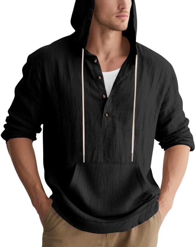 imageMens Linen Hoodie Lightweight Hawaiian Shirt Casual Beach Shirt with PocketsBlack