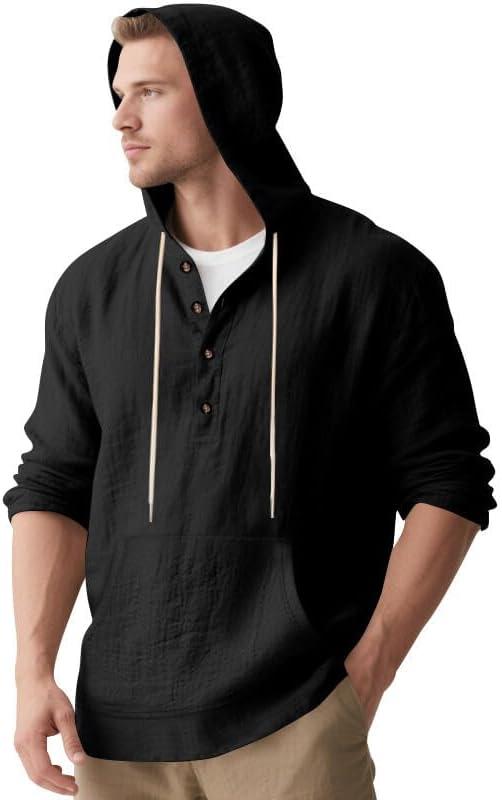 imageMens Linen Hoodie Lightweight Hawaiian Shirt Casual Beach Shirt with PocketsBlack