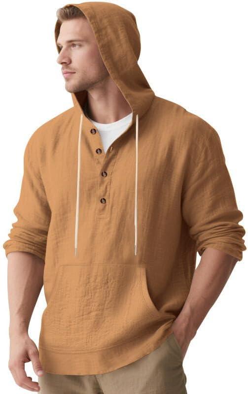 imageMens Linen Hoodie Lightweight Hawaiian Shirt Casual Beach Shirt with PocketsEarth Yellow