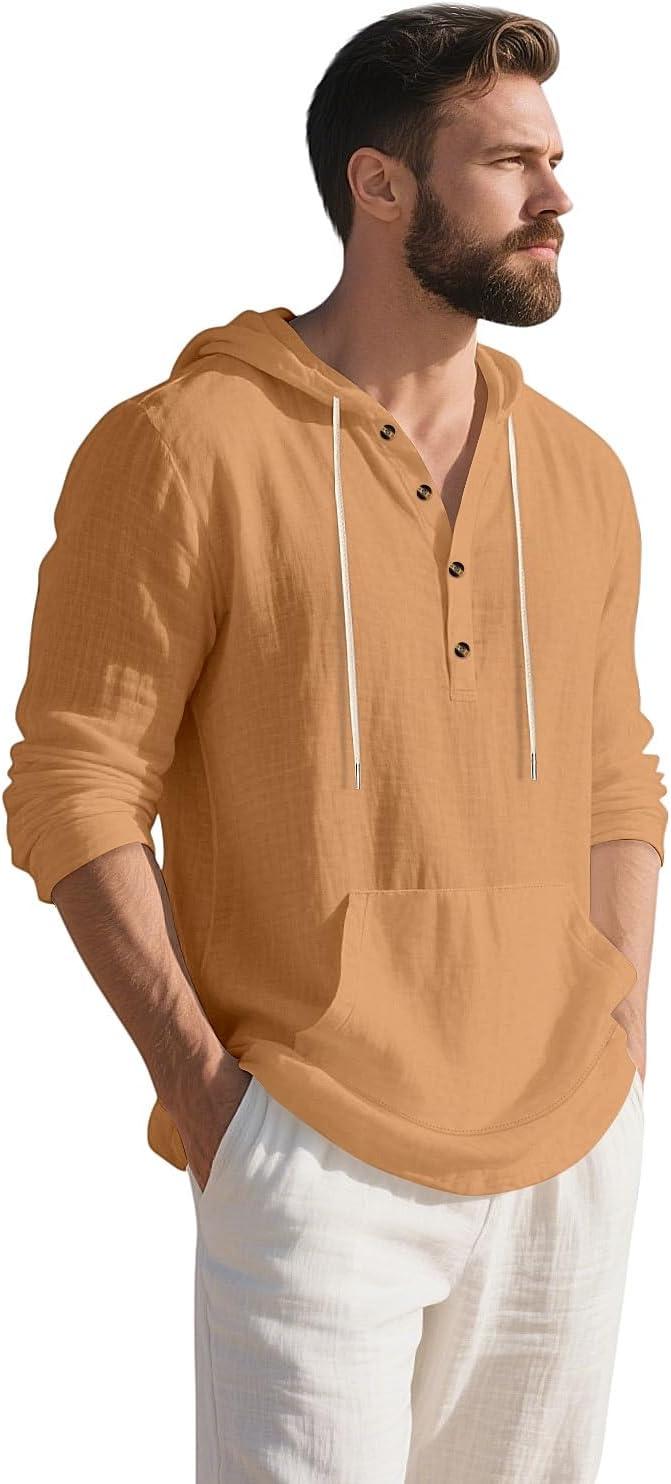 imageMens Linen Hoodie Lightweight Hawaiian Shirt Casual Beach Shirt with PocketsEarth Yellow