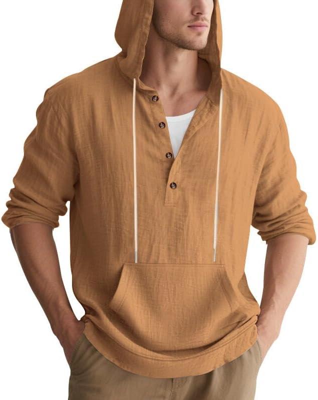 imageMens Linen Hoodie Lightweight Hawaiian Shirt Casual Beach Shirt with PocketsEarth Yellow