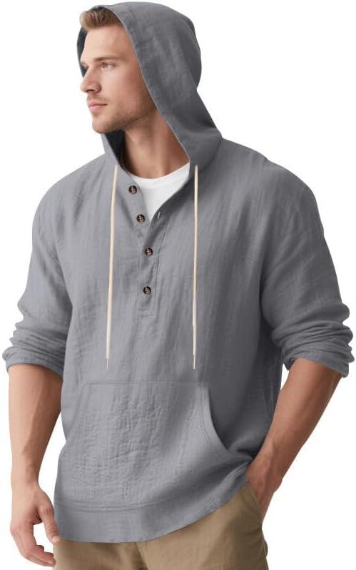 imageMens Linen Hoodie Lightweight Hawaiian Shirt Casual Beach Shirt with PocketsGrey