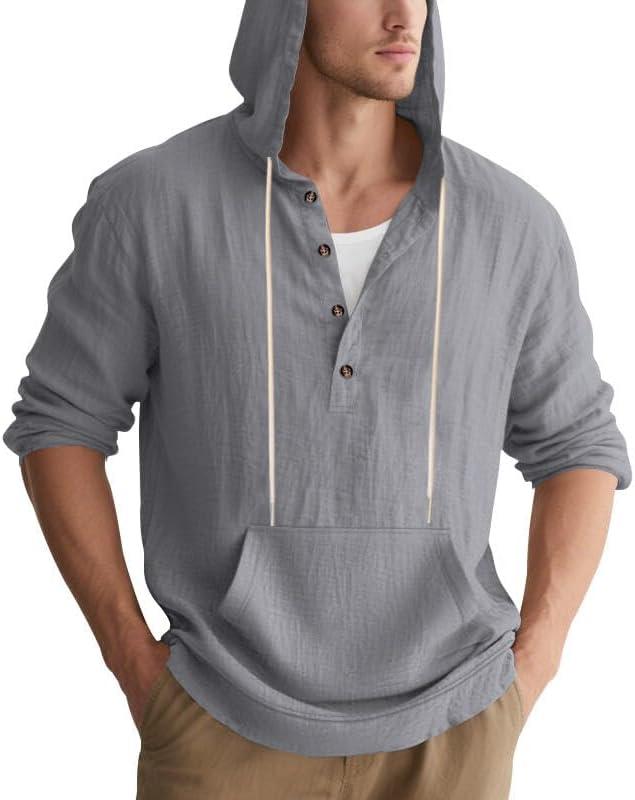 imageMens Linen Hoodie Lightweight Hawaiian Shirt Casual Beach Shirt with PocketsGrey