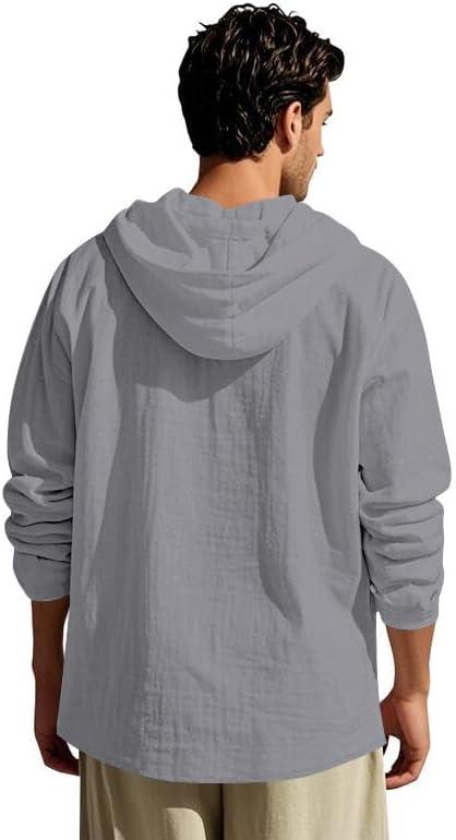 imageMens Linen Hoodie Lightweight Hawaiian Shirt Casual Beach Shirt with PocketsGrey