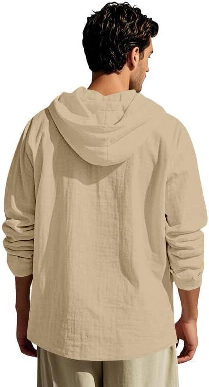 imageMens Linen Hoodie Lightweight Hawaiian Shirt Casual Beach Shirt with PocketsKhaki