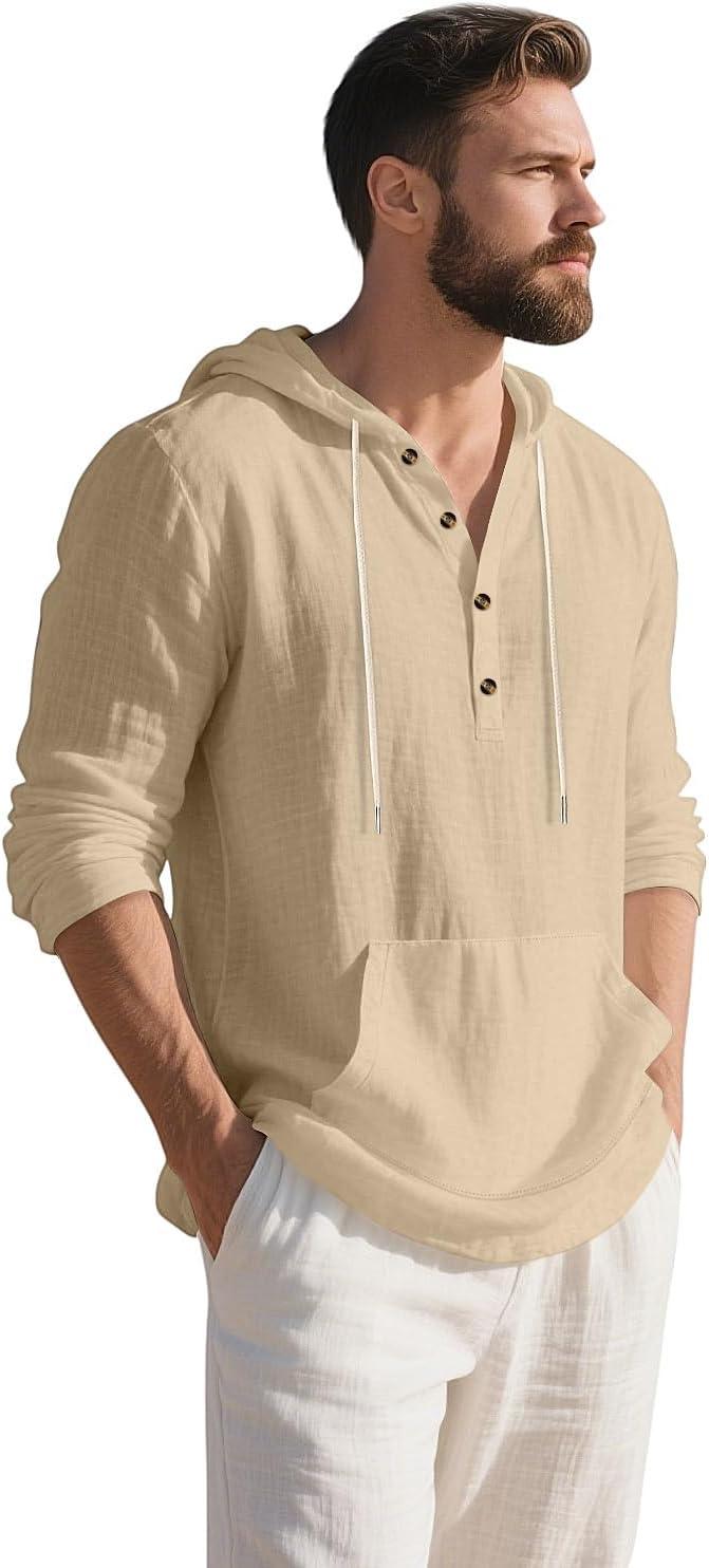 imageMens Linen Hoodie Lightweight Hawaiian Shirt Casual Beach Shirt with PocketsKhaki