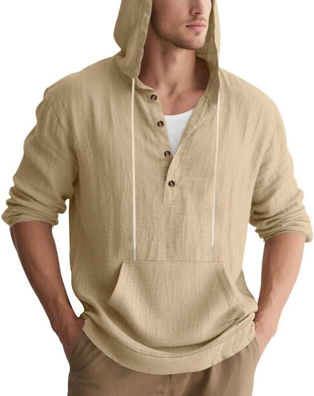imageMens Linen Hoodie Lightweight Hawaiian Shirt Casual Beach Shirt with PocketsKhaki