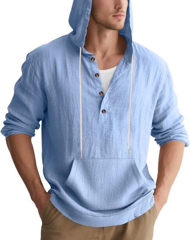 imageMens Linen Hoodie Lightweight Hawaiian Shirt Casual Beach Shirt with PocketsLight Blue