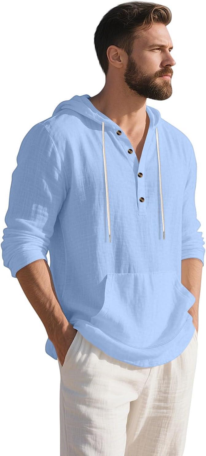 imageMens Linen Hoodie Lightweight Hawaiian Shirt Casual Beach Shirt with PocketsLight Blue