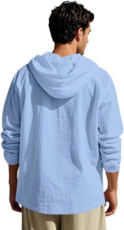 imageMens Linen Hoodie Lightweight Hawaiian Shirt Casual Beach Shirt with PocketsLight Blue