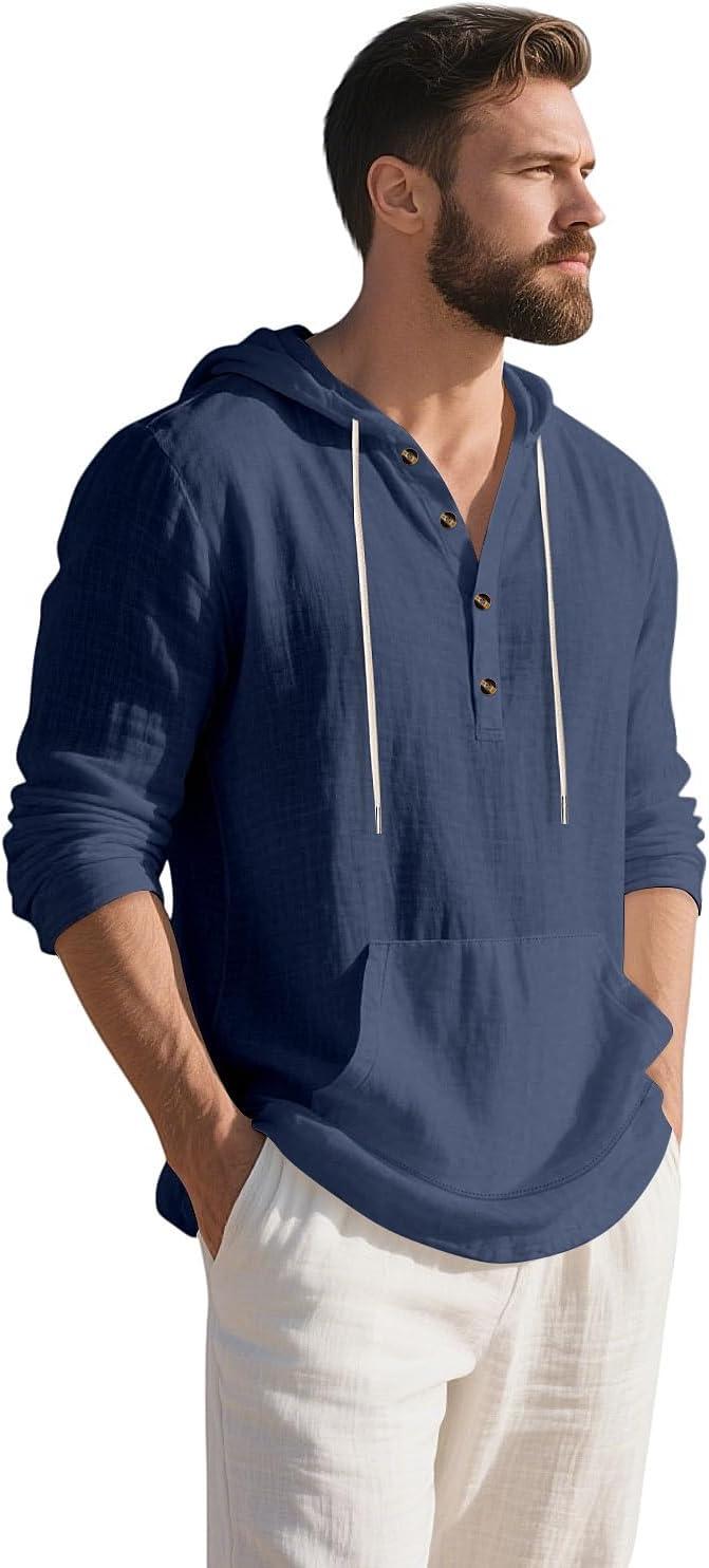 imageMens Linen Hoodie Lightweight Hawaiian Shirt Casual Beach Shirt with PocketsNavy