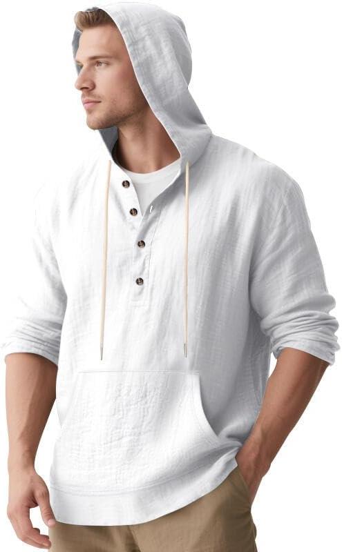 imageMens Linen Hoodie Lightweight Hawaiian Shirt Casual Beach Shirt with PocketsWhite