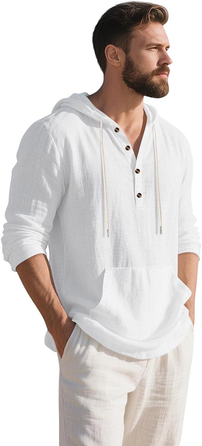 imageMens Linen Hoodie Lightweight Hawaiian Shirt Casual Beach Shirt with PocketsWhite