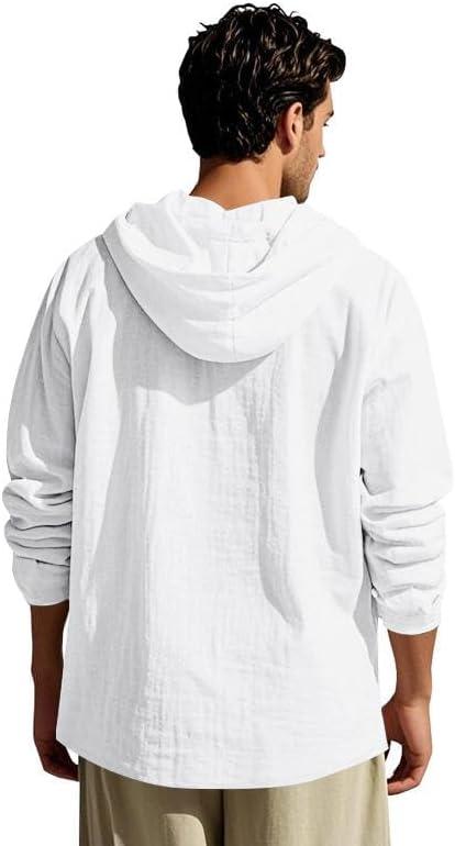 imageMens Linen Hoodie Lightweight Hawaiian Shirt Casual Beach Shirt with PocketsWhite