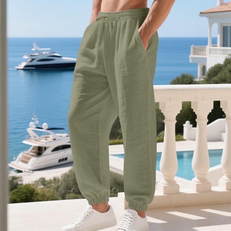 imageMens Linen Joggers Summer Beach Lightweight Drawstring Yoga Pants with Pockets ampamp Elastic CuffsArmy Green