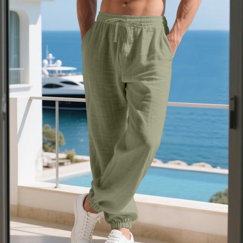imageMens Linen Joggers Summer Beach Lightweight Drawstring Yoga Pants with Pockets ampamp Elastic CuffsArmy Green