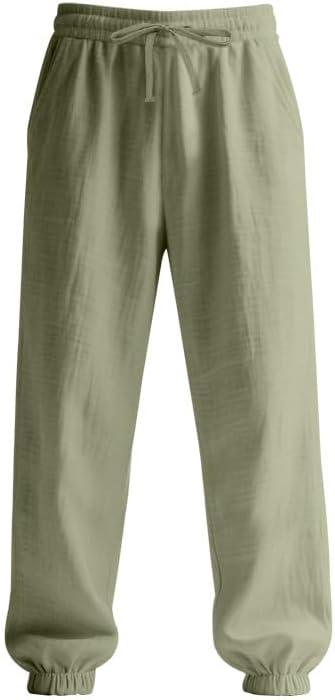 imageMens Linen Joggers Summer Beach Lightweight Drawstring Yoga Pants with Pockets ampamp Elastic CuffsArmy Green