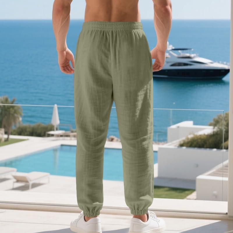 imageMens Linen Joggers Summer Beach Lightweight Drawstring Yoga Pants with Pockets ampamp Elastic CuffsArmy Green
