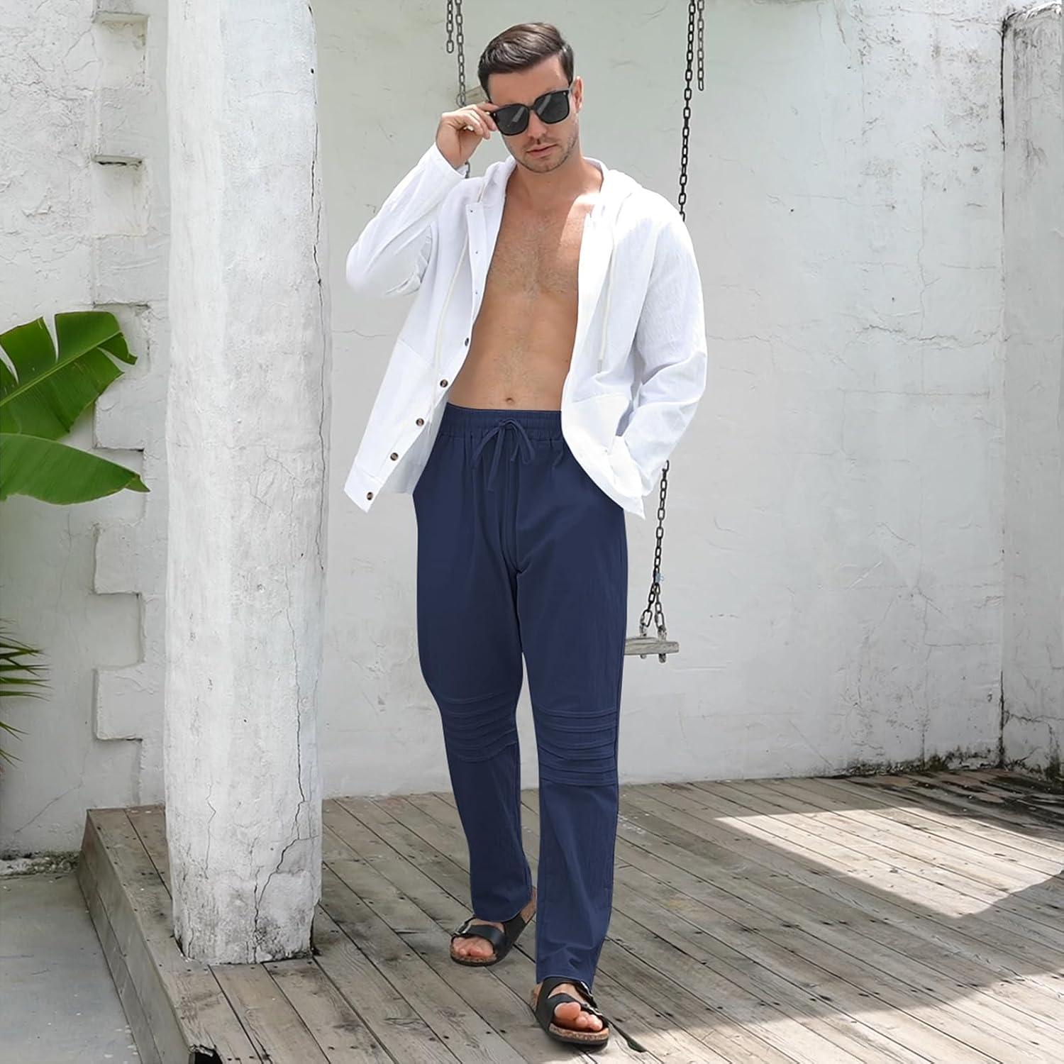 imageMens Linen Pants Casual Beach Pants for Men Elastic Waist Drawstring Yoga Trousers with PocketsNavy