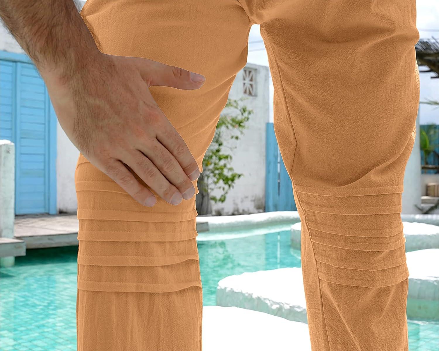 imageMens Linen Pants Casual Beach Pants for Men Elastic Waist Drawstring Yoga Trousers with PocketsOrange