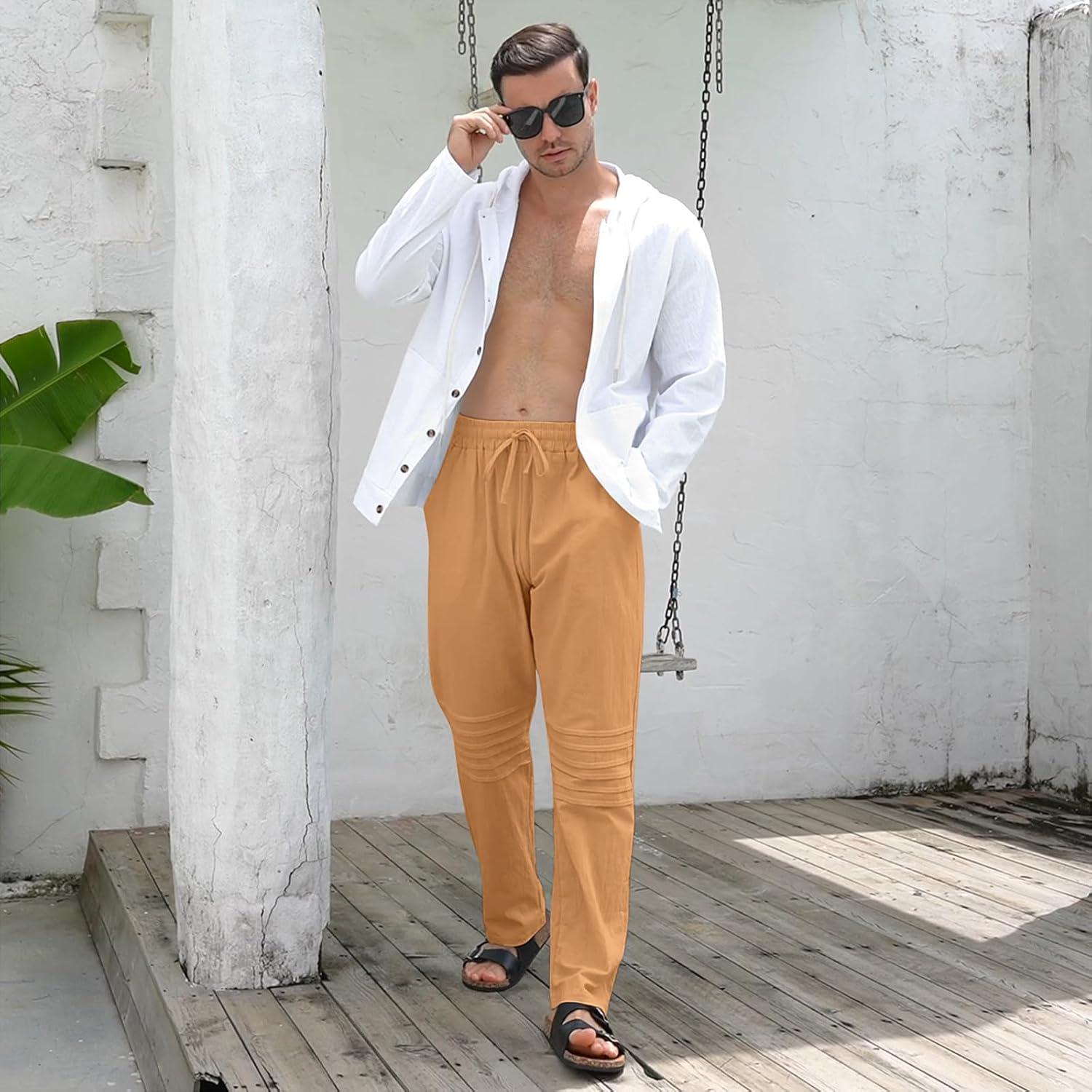 imageMens Linen Pants Casual Beach Pants for Men Elastic Waist Drawstring Yoga Trousers with PocketsOrange