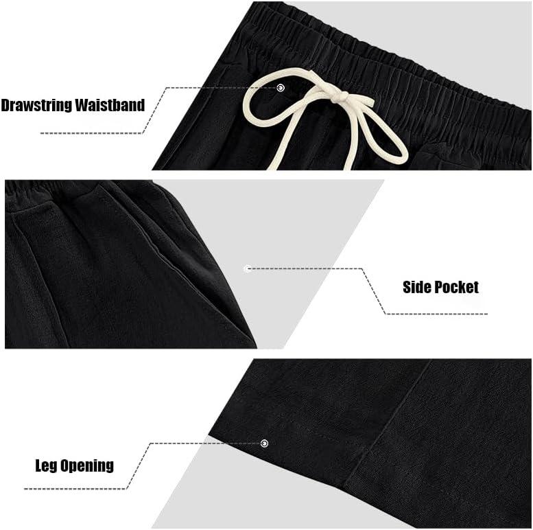 imageMens Linen Pants Casual Beach Yoga Pants Elastic Waist Drawstring Straight Leg Loose Lightweight Trousers with PocketsBlack
