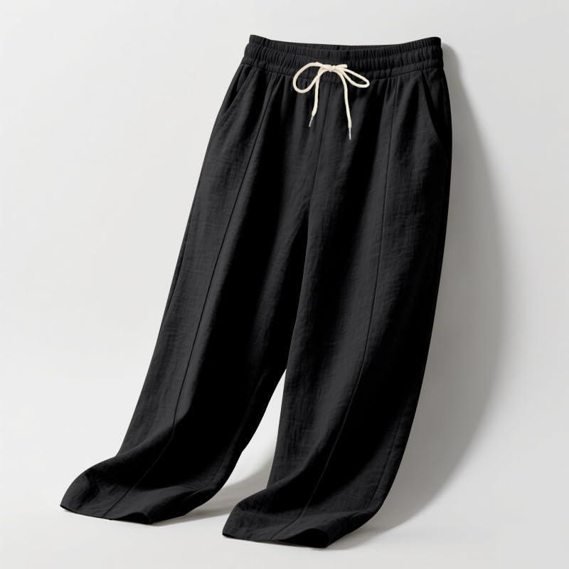 imageMens Linen Pants Casual Beach Yoga Pants Elastic Waist Drawstring Straight Leg Loose Lightweight Trousers with PocketsBlack