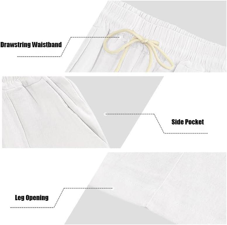 imageMens Linen Pants Casual Beach Yoga Pants Elastic Waist Drawstring Straight Leg Loose Lightweight Trousers with PocketsWhite