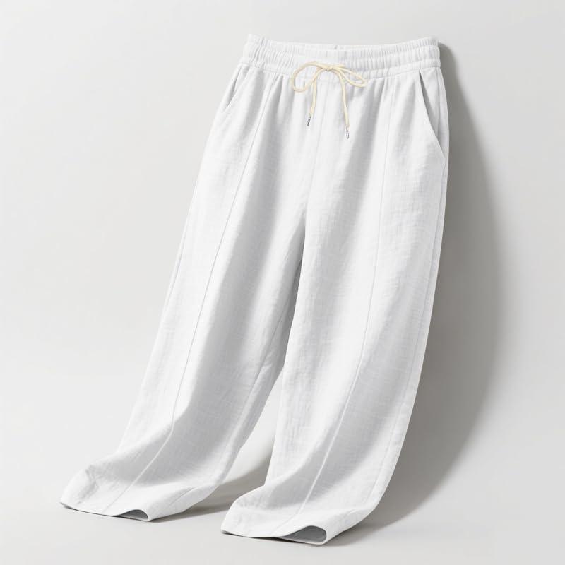 imageMens Linen Pants Casual Beach Yoga Pants Elastic Waist Drawstring Straight Leg Loose Lightweight Trousers with PocketsWhite