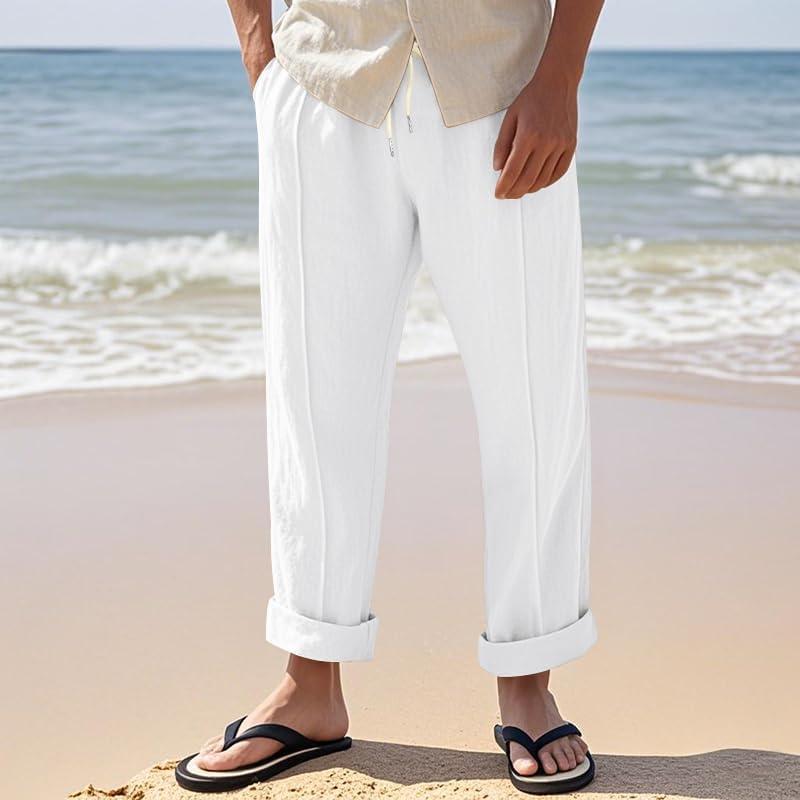 imageMens Linen Pants Casual Beach Yoga Pants Elastic Waist Drawstring Straight Leg Loose Lightweight Trousers with PocketsWhite