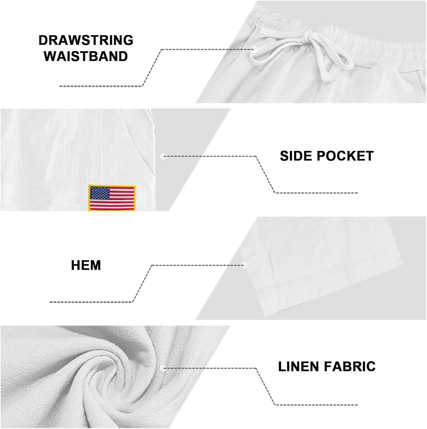 imageMens Linen Pants Elastic Waist Drawstring Summer Beach Yoga Pants Wide Leg Trousers with Flag LabelWhite