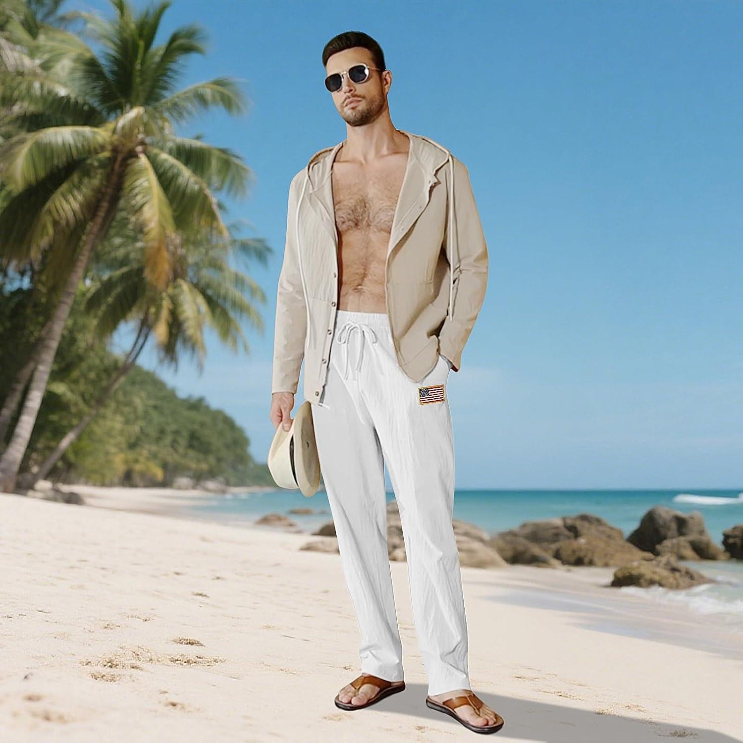 imageMens Linen Pants Elastic Waist Drawstring Summer Beach Yoga Pants Wide Leg Trousers with Flag LabelWhite