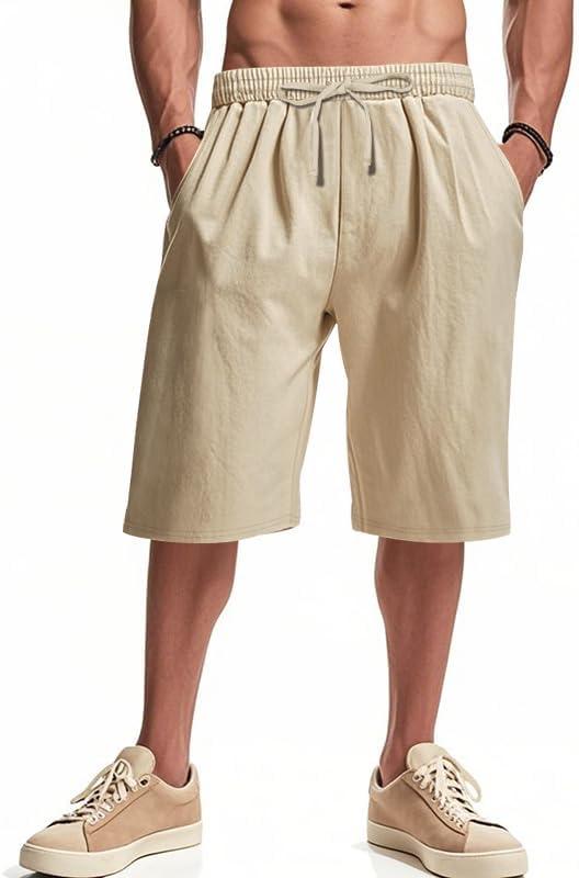 imageMens Linen Shorts Casual Drawstring Elastic Waist Lightweight Breathable Summer Beach Shorts for MenApricot