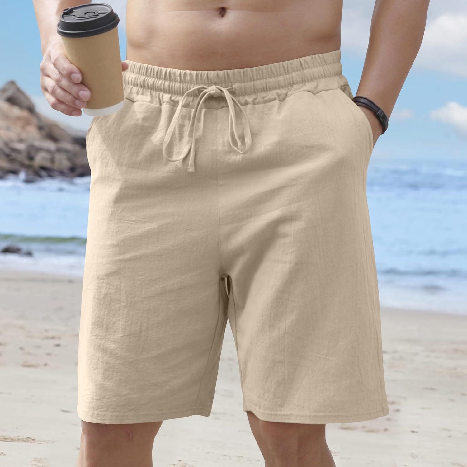 imageMens Linen Shorts Casual Drawstring Elastic Waist Lightweight Breathable Summer Beach Shorts for MenApricot