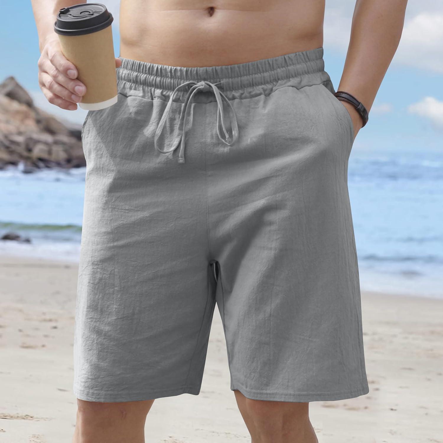 imageMens Linen Shorts Casual Drawstring Elastic Waist Lightweight Breathable Summer Beach Shorts for MenGrey