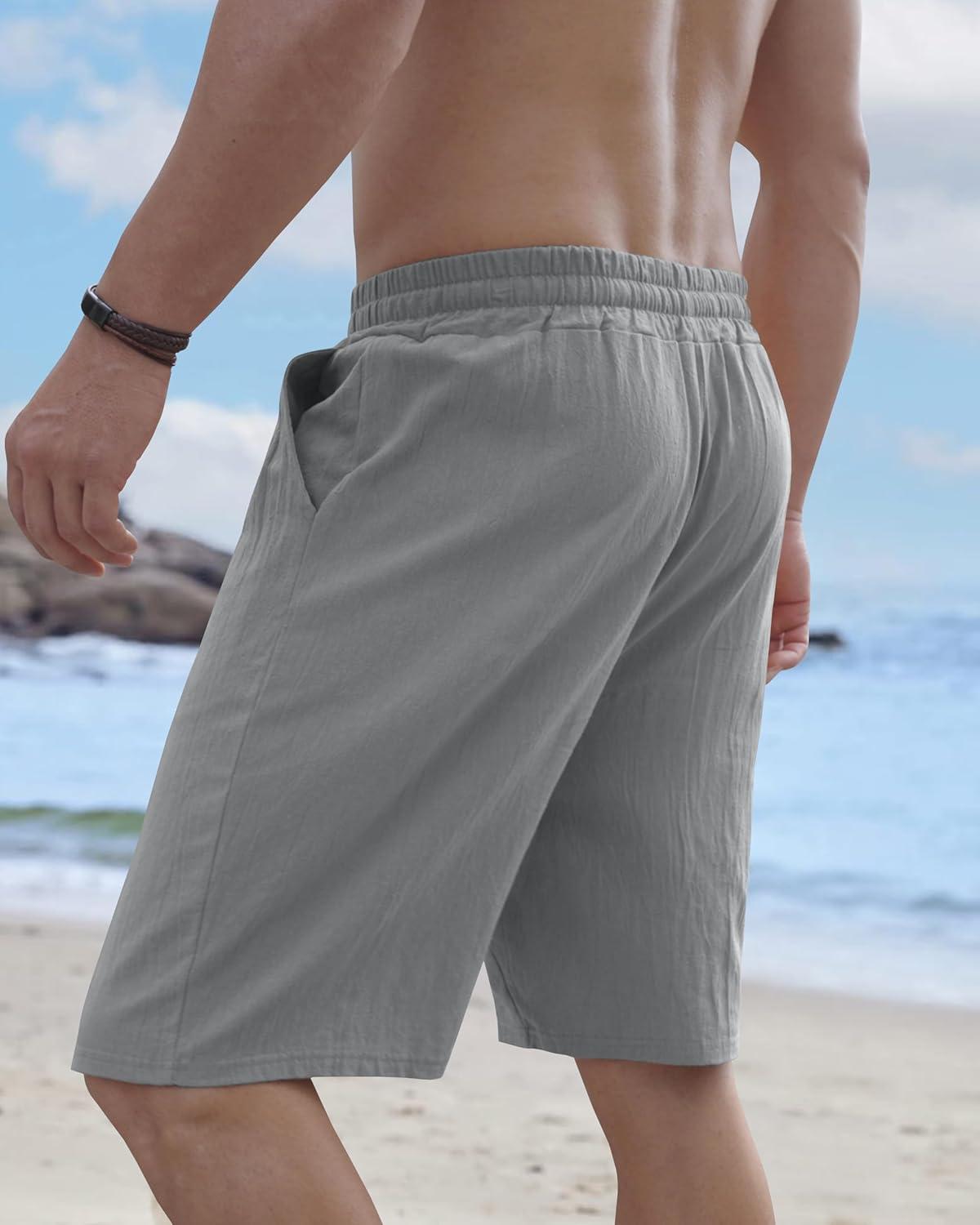 imageMens Linen Shorts Casual Drawstring Elastic Waist Lightweight Breathable Summer Beach Shorts for MenGrey