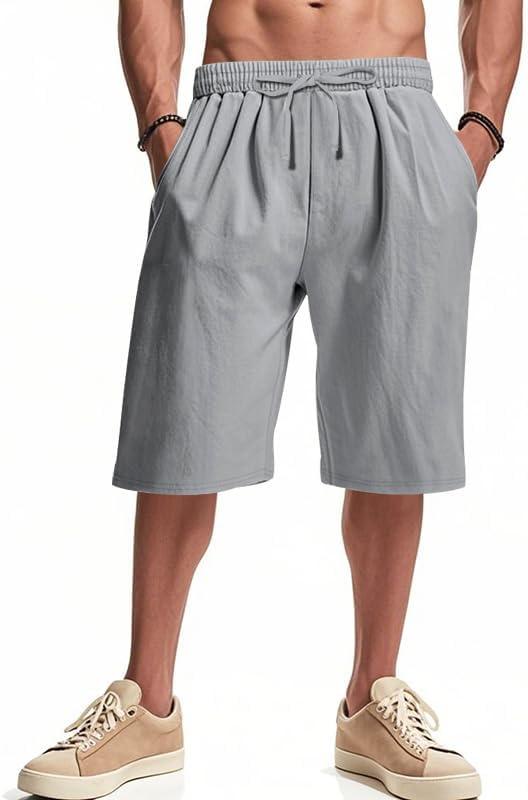 imageMens Linen Shorts Casual Drawstring Elastic Waist Lightweight Breathable Summer Beach Shorts for MenGrey