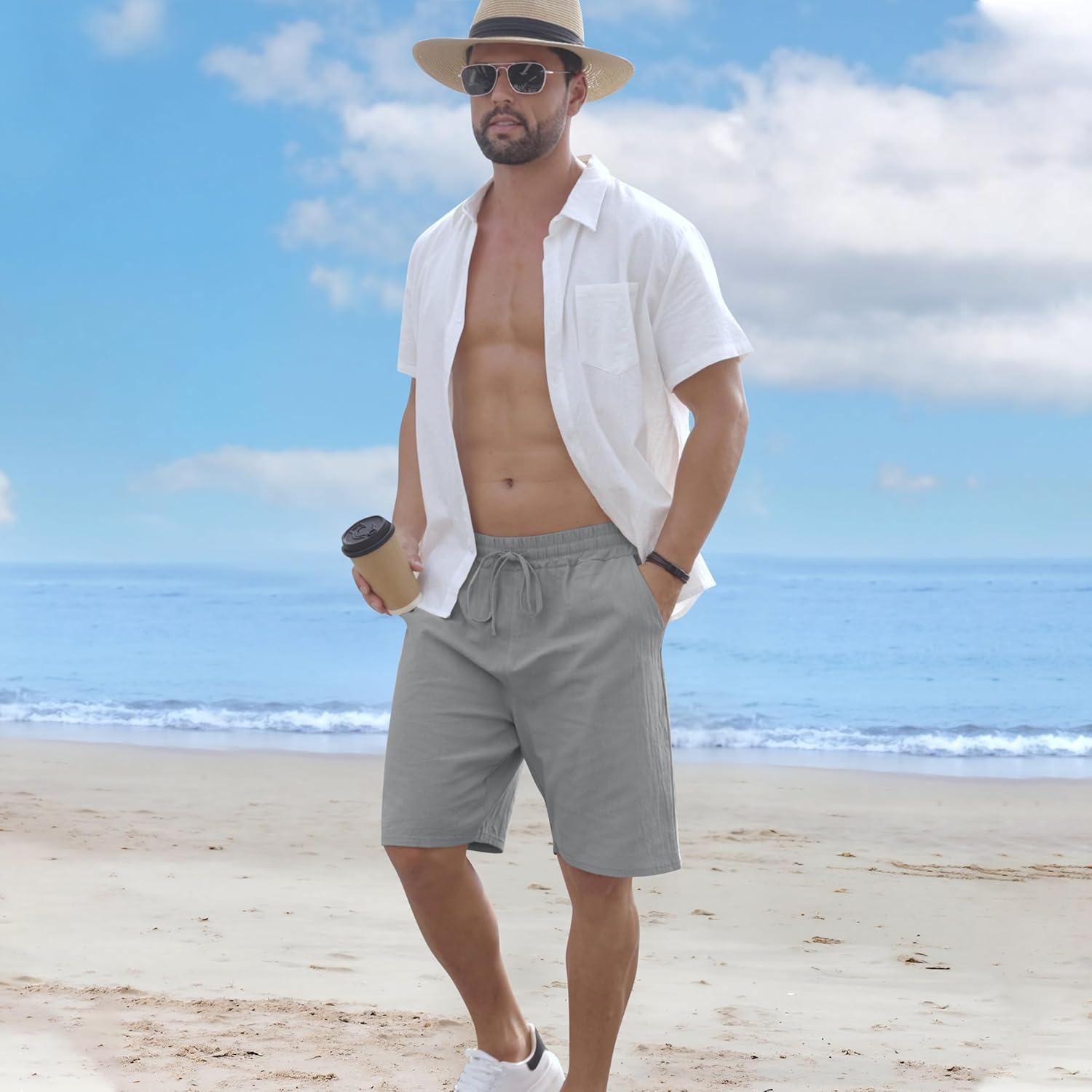 imageMens Linen Shorts Casual Drawstring Elastic Waist Lightweight Breathable Summer Beach Shorts for MenGrey