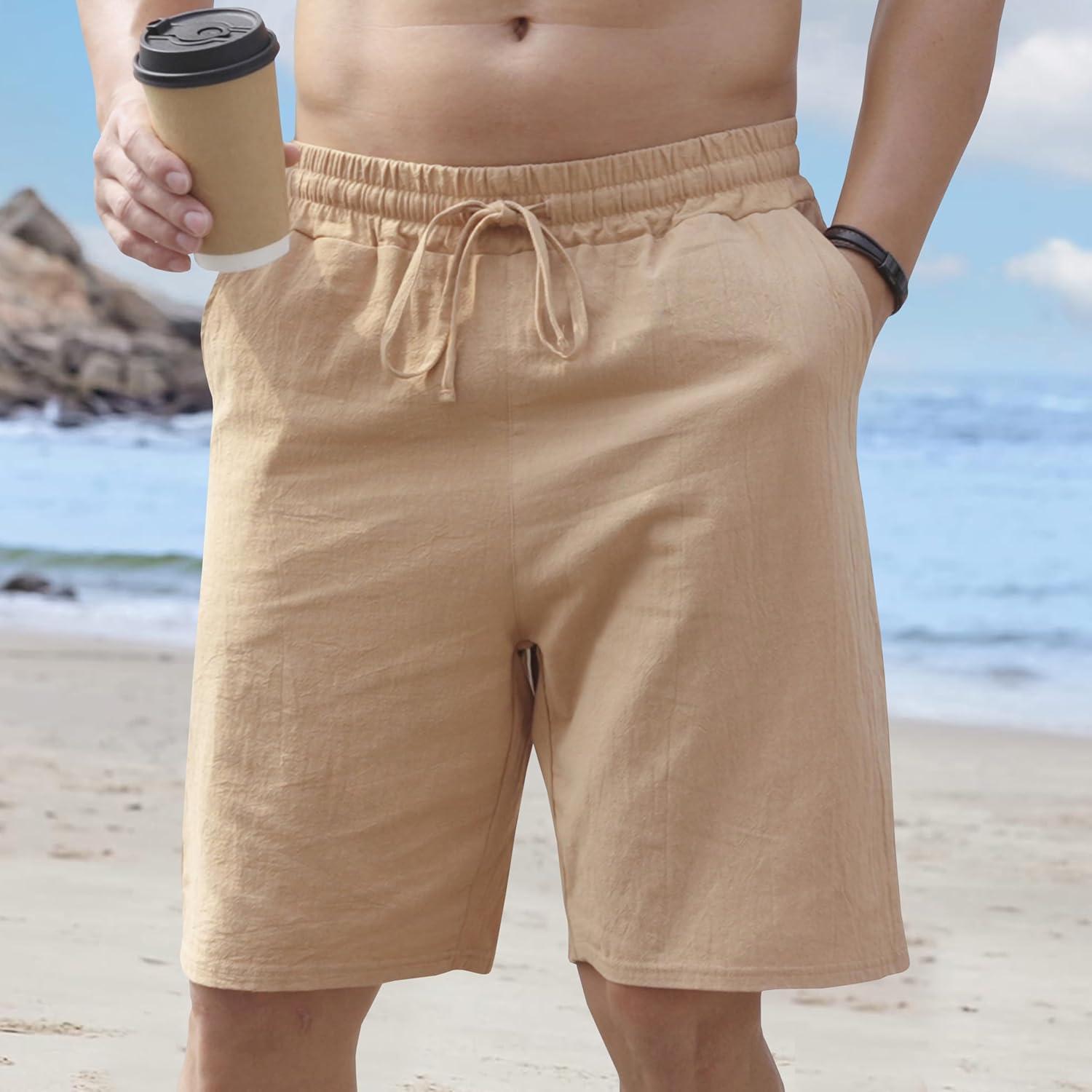 imageMens Linen Shorts Casual Drawstring Elastic Waist Lightweight Breathable Summer Beach Shorts for MenKhaki