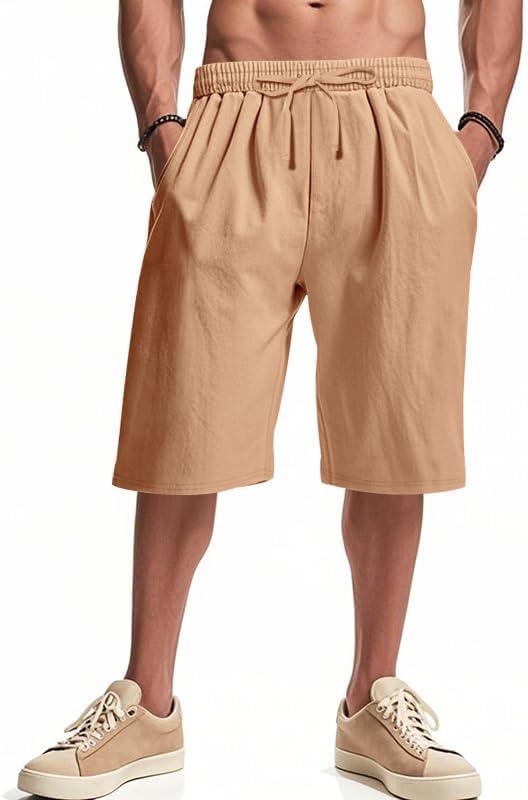 imageMens Linen Shorts Casual Drawstring Elastic Waist Lightweight Breathable Summer Beach Shorts for MenKhaki