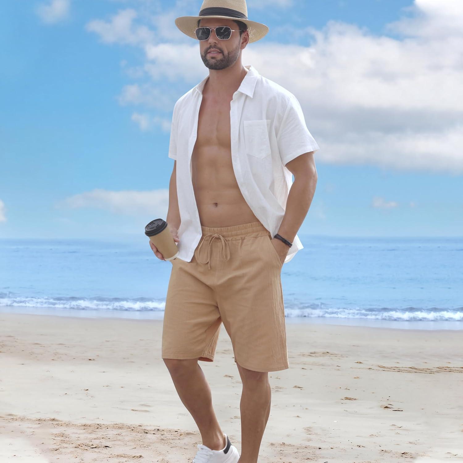 imageMens Linen Shorts Casual Drawstring Elastic Waist Lightweight Breathable Summer Beach Shorts for MenKhaki