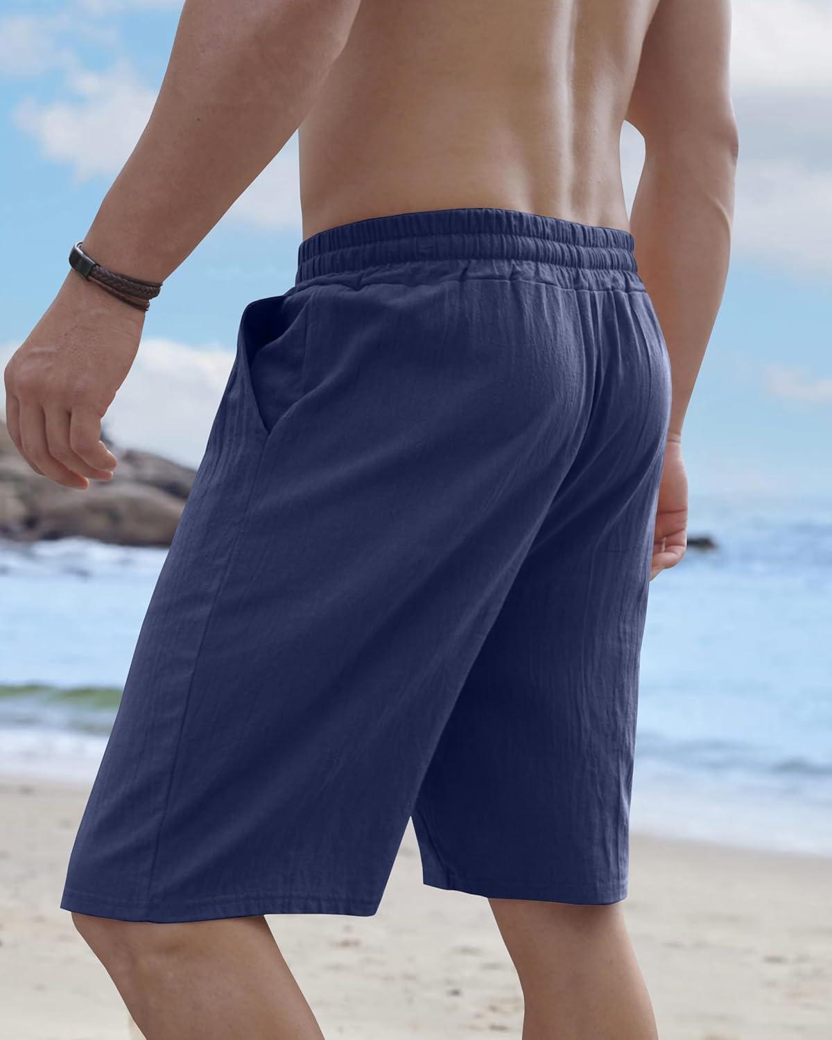 imageMens Linen Shorts Casual Drawstring Elastic Waist Lightweight Breathable Summer Beach Shorts for MenNavy Blue
