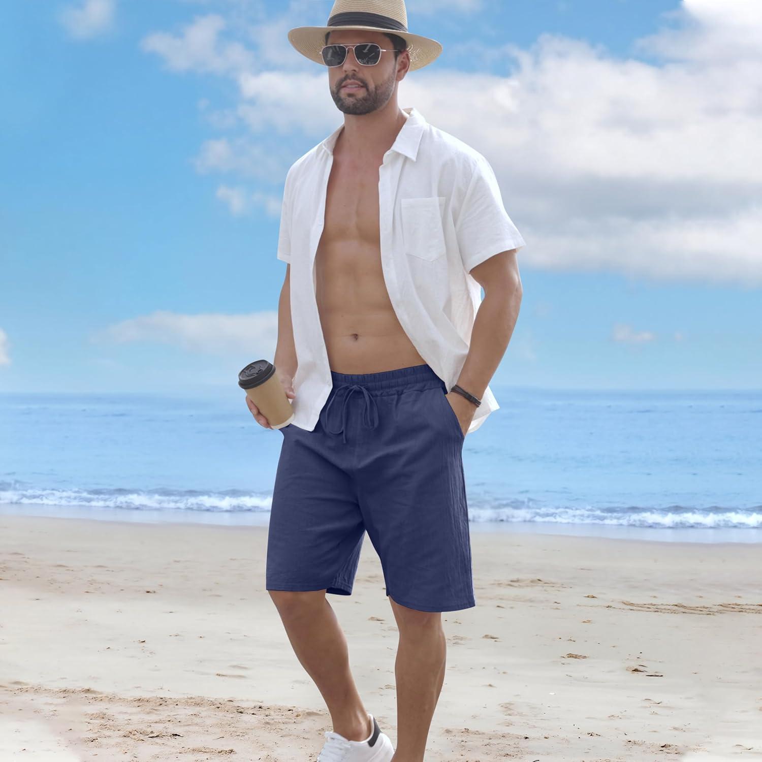 imageMens Linen Shorts Casual Drawstring Elastic Waist Lightweight Breathable Summer Beach Shorts for MenNavy Blue