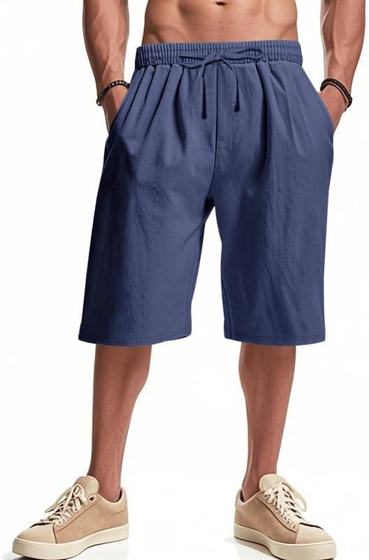 imageMens Linen Shorts Casual Drawstring Elastic Waist Lightweight Breathable Summer Beach Shorts for MenNavy Blue