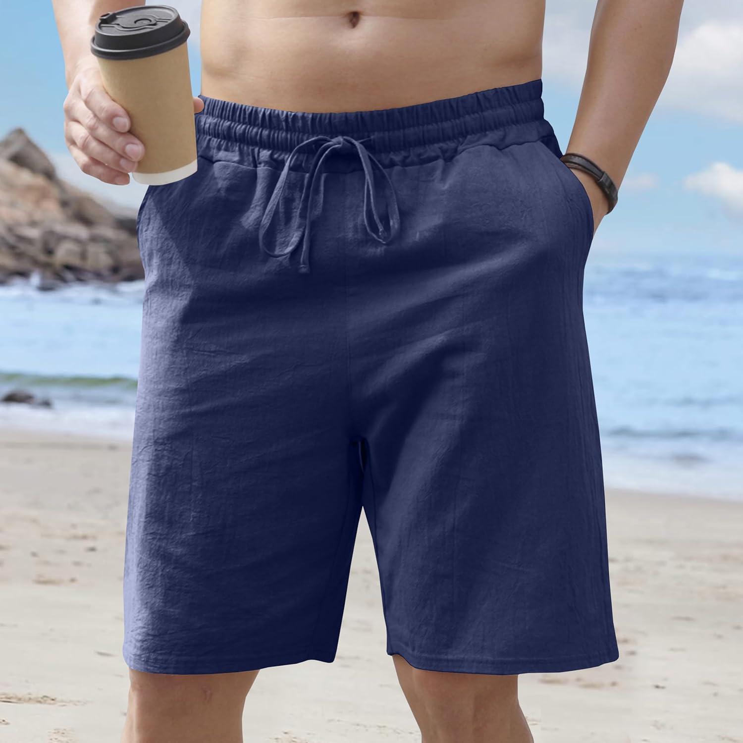 imageMens Linen Shorts Casual Drawstring Elastic Waist Lightweight Breathable Summer Beach Shorts for MenNavy Blue